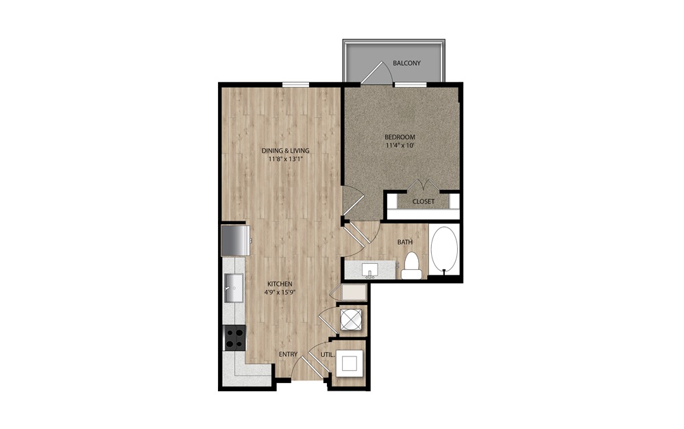 A3 - 1 bedroom floorplan layout with 1 bath and 622 square feet.