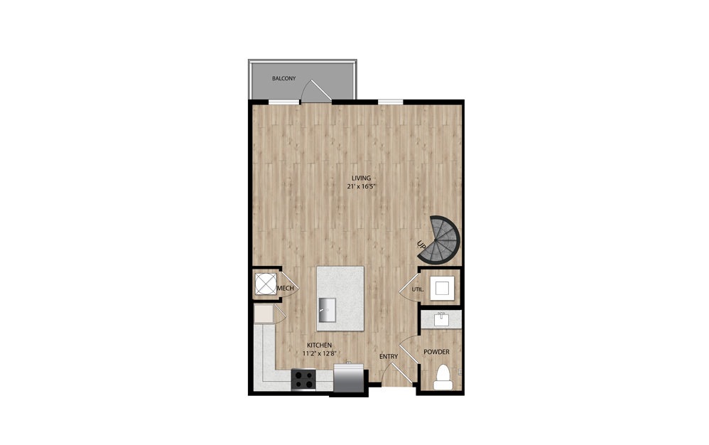 A1 Mezzanine - 1 bedroom floorplan layout with 1.5 bath and 809 to 818 square feet. (Floor 1)