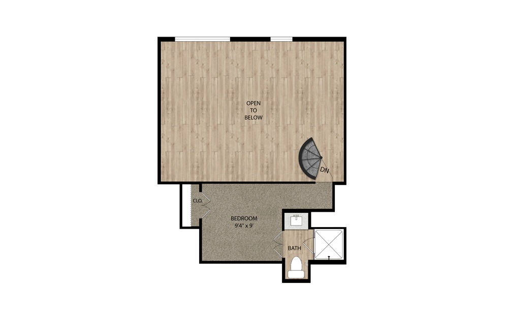 A1 Mezzanine - 1 bedroom floorplan layout with 1.5 bath and 809 to 818 square feet. (Floor 2)