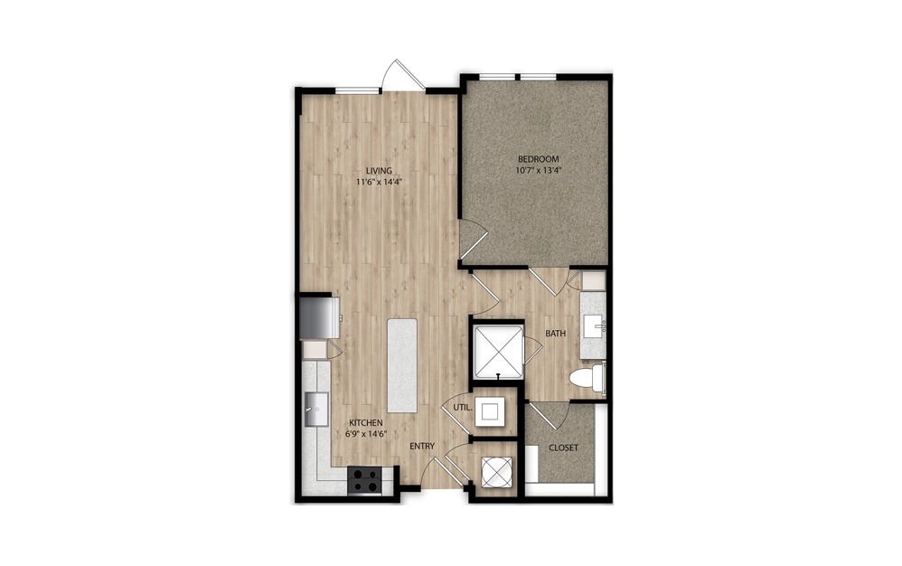 A2 - 1 bedroom floorplan layout with 1 bath and 670 to 701 square feet.