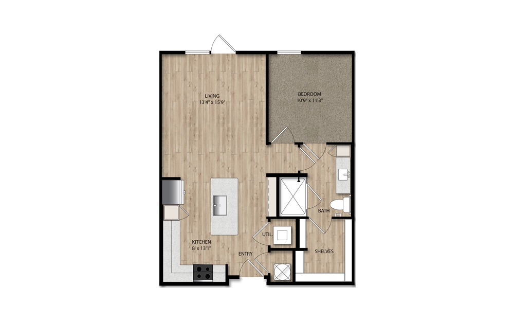A4 - 1 bedroom floorplan layout with 1 bath and 750 to 942 square feet.
