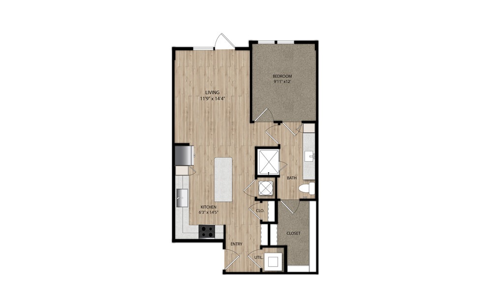 A5 - 1 bedroom floorplan layout with 1 bath and 750 square feet.