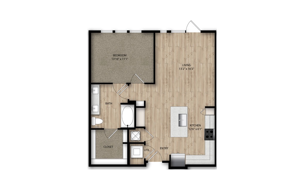 A6 - 1 bedroom floorplan layout with 1 bath and 843 square feet.