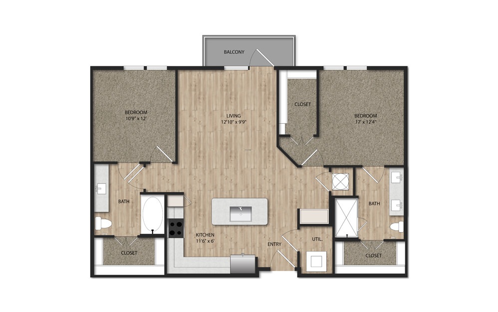 B0 - 2 bedroom floorplan layout with 2 baths and 1123 to 1174 square feet.