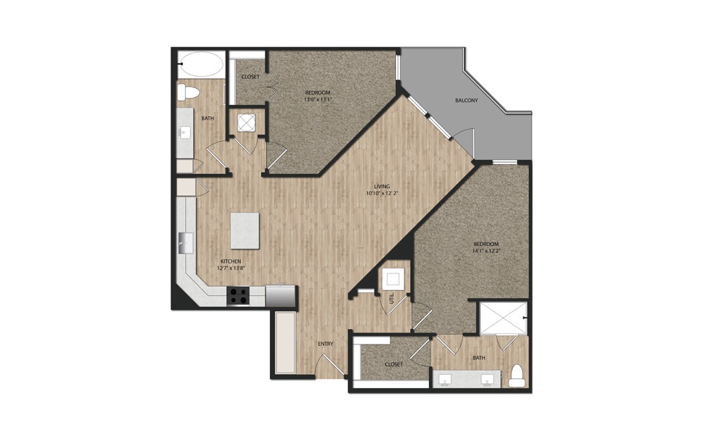 B1 - 2 bedroom floorplan layout with 2 baths and 1138 square feet.
