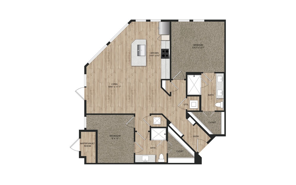 B2A - 2 bedroom floorplan layout with 2 baths and 1155 square feet.