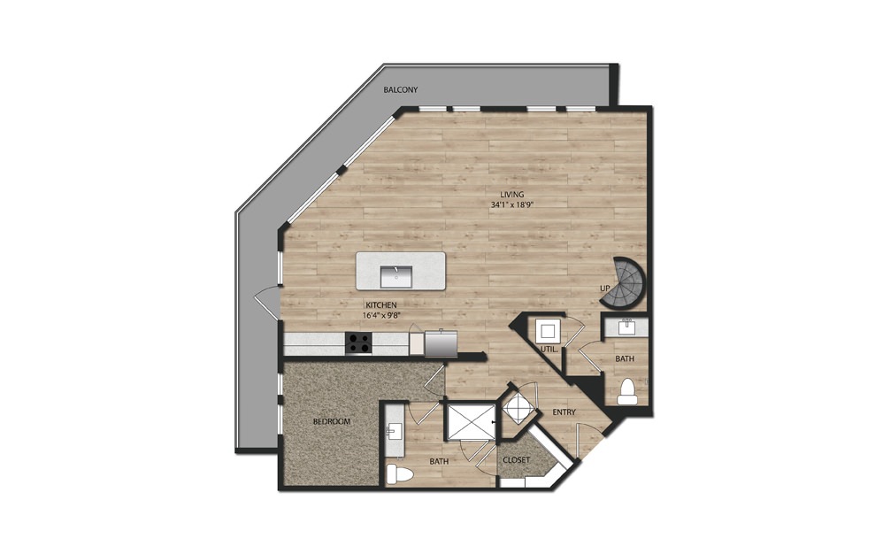 B2A Mezzanine - 2 bedroom floorplan layout with 2.5 baths and 1652 square feet. (Floor 1)