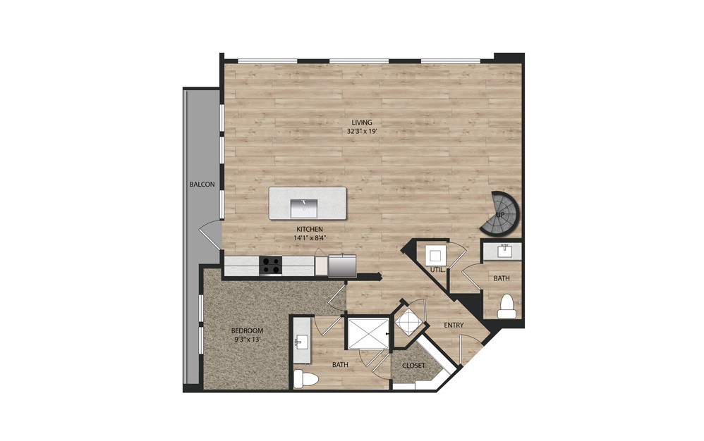 B2 Mezzanine - 2 bedroom floorplan layout with 2.5 baths and 1398 square feet. (Floor 1)