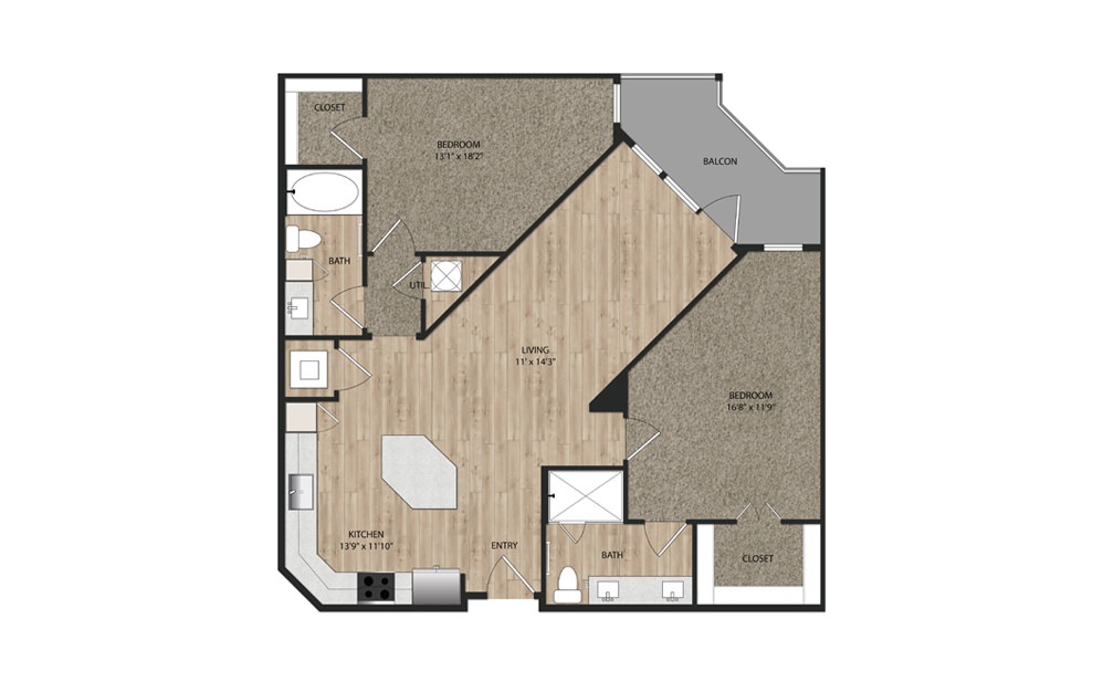 B3 - 2 bedroom floorplan layout with 2 baths and 1214 square feet.