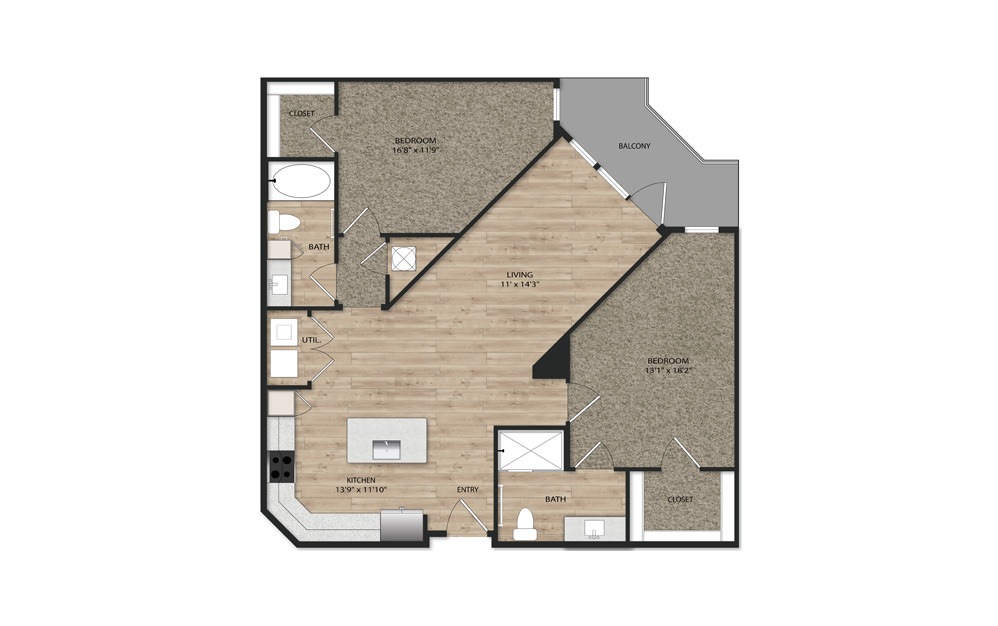 B3 ANSI - 2 bedroom floorplan layout with 2 baths and 1205 square feet.