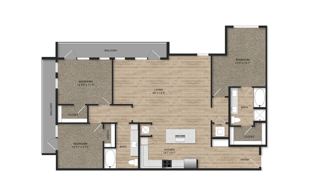 C1 - 3 bedroom floorplan layout with 2 baths and 1647 square feet.