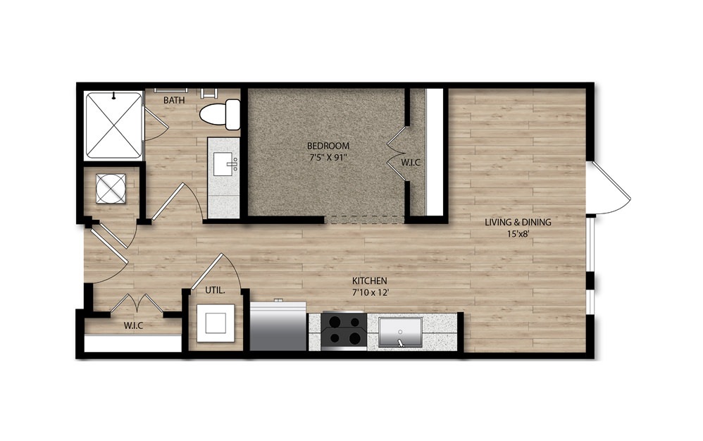 S1 - Studio floorplan layout with 1 bath and 480 square feet.