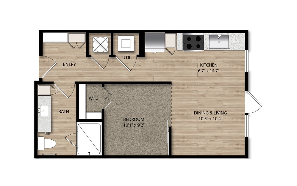 S2 - Studio floorplan layout with 1 bath and 531 to 560 square feet.