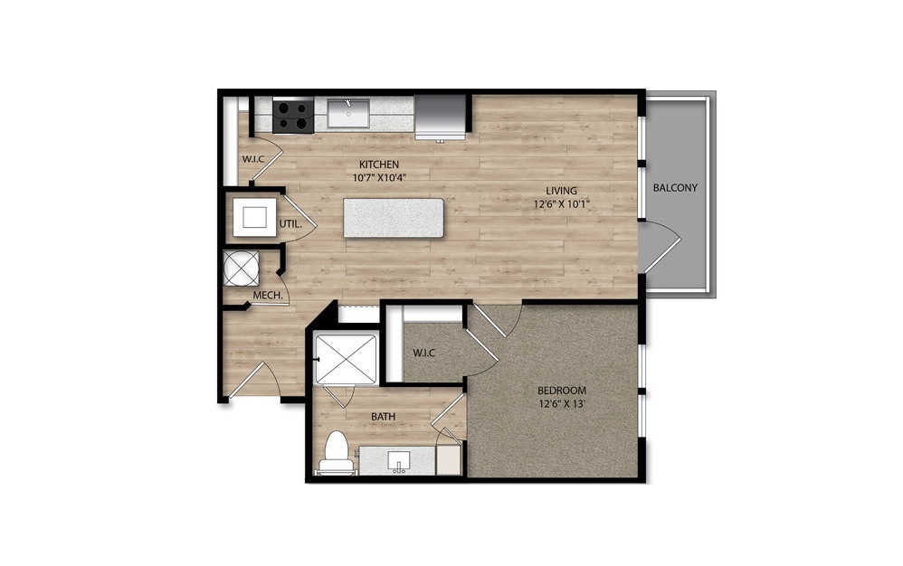 S3 - Studio floorplan layout with 1 bath and 600 square feet.